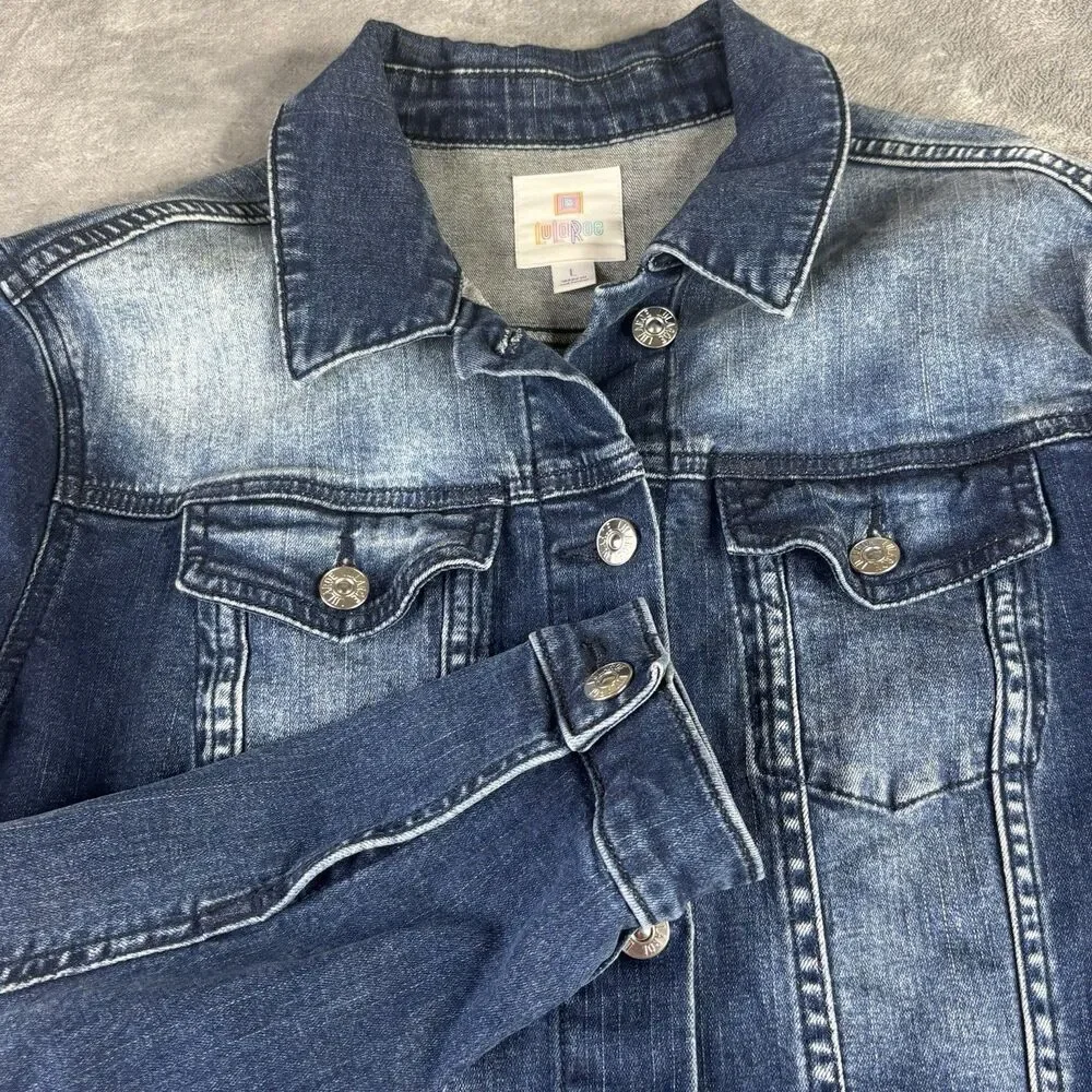 Lularoe Harvey Denim Jean Jacket Embroidered Floral Dark Wash Women Large Button